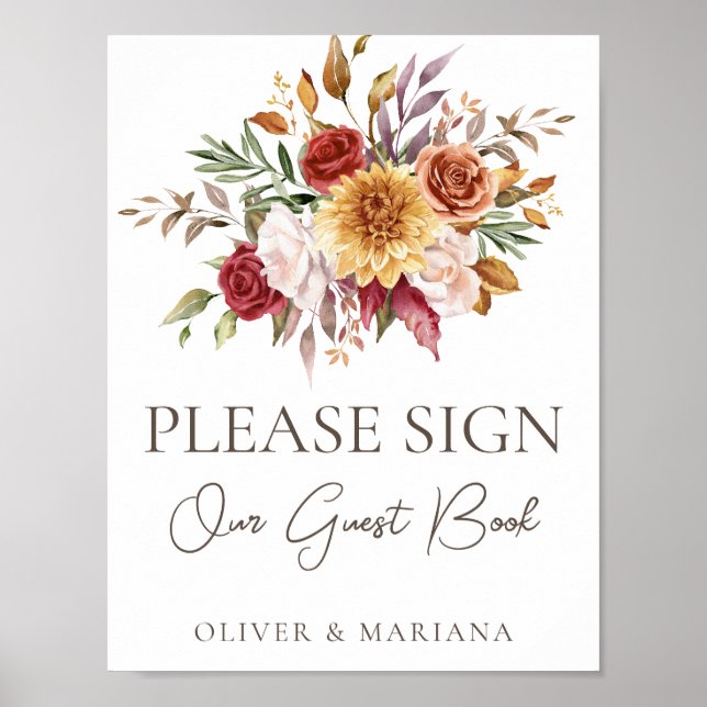 Fall Floral Brown auf White Wedge Guest Book Sign Poster (Vorne)