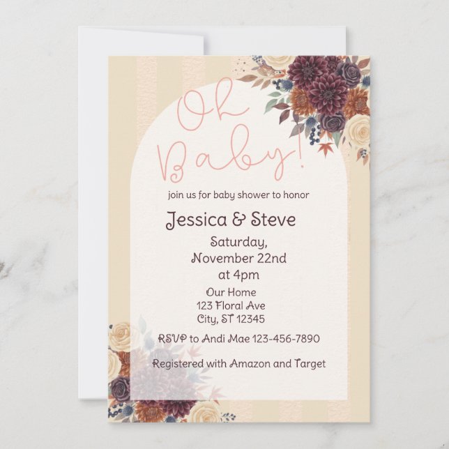 Fall Floral, Burgundy, Orange, Cream Baby Shower Einladung (Vorderseite)