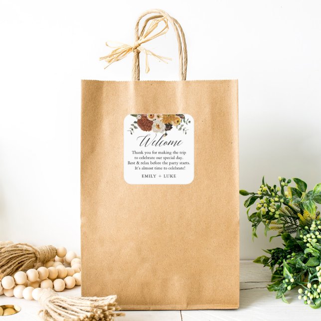 Fall Floral Custom Wedding Welcome Bag Quadratischer Aufkleber (Von Creator hochgeladen)