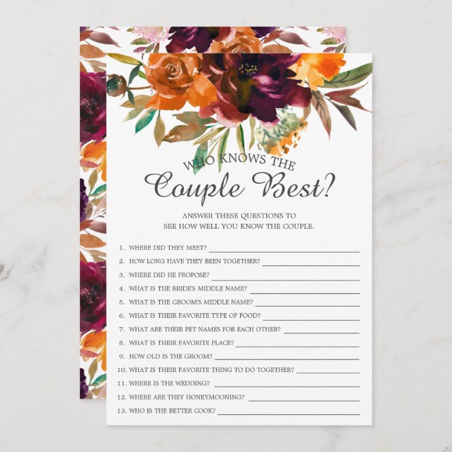 Fall Floral, der das Ehepaar Bestes Bridal-Spiel k Einladung (Vorne/Hinten)