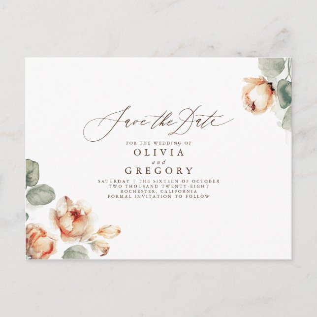 Fall Floral Elegant Save the Date Ankündigungspostkarte (Vorderseite)