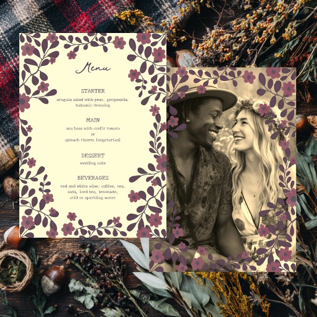 Fall Floral Frame Sweet Boho Lässige FOTO Hochzeit Menükarte (Fall Floral Frame Sweet Boho Casual PHOTO Wedding Menu
)