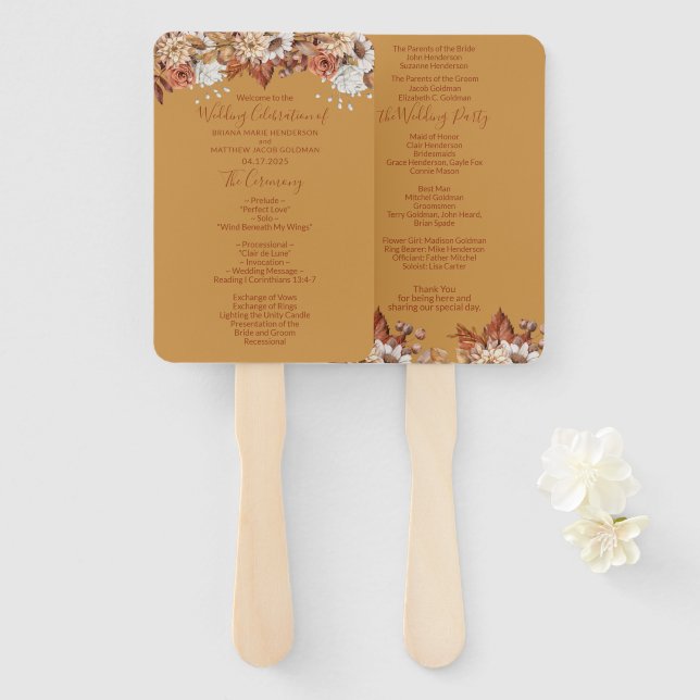 Fall Floral Gold Wedding Hand Fan Fächer (Vorne und Hinten)
