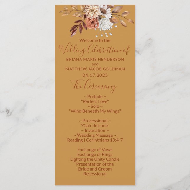 Fall Floral Gold Wedding Program Programm (Vorderseite)