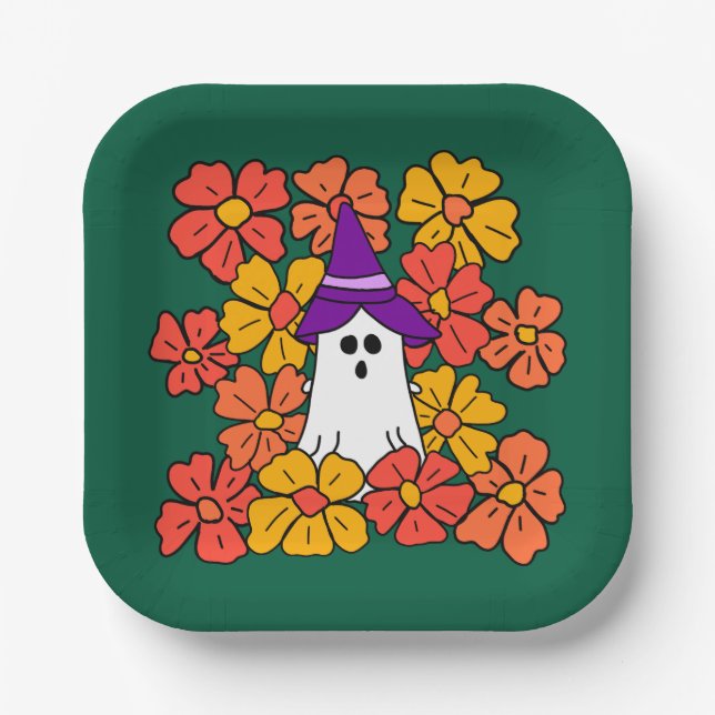 Fall Floral Halloween Ghost Pappteller (Vorderseite)