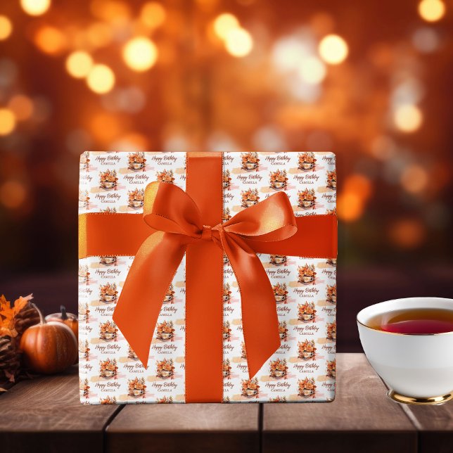 Fall Floral Hütte Core Teacup Happy Birthday Geschenkpapier (Fall Floral Cottage Core Teacup Happy Birthday Wrapping Paper)