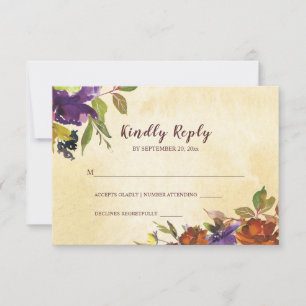 Fall Floral Lila Burnt Orange Gelbe Hochzeit RSVP Karte
