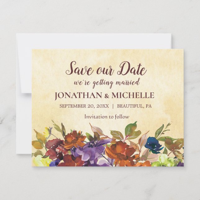 Fall Floral Lila Burnt Orange Gelbe Hochzeit Save The Date (Vorderseite)
