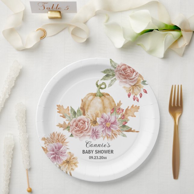 Fall Floral Little Pumpkin on Way Baby Shower Pappteller (Hochzeit)
