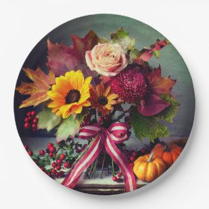 Fall Floral mit Bow, 9" Round Paper Teller