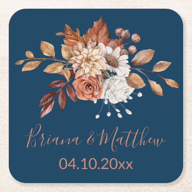 Fall Floral Navy Blue Square Paper Untersetzer (Vorderseite)
