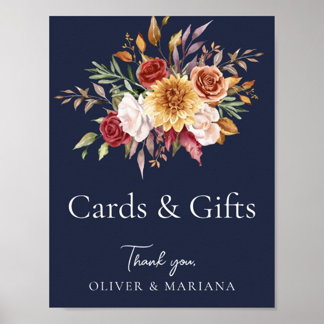 Fall Floral Navy Blue Wedding Cards & Gifts Zeiche Poster (Vorne)