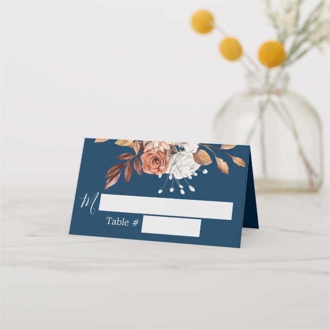 Fall Floral Navy Blue Wedding Platzkarte (Vorderseite)