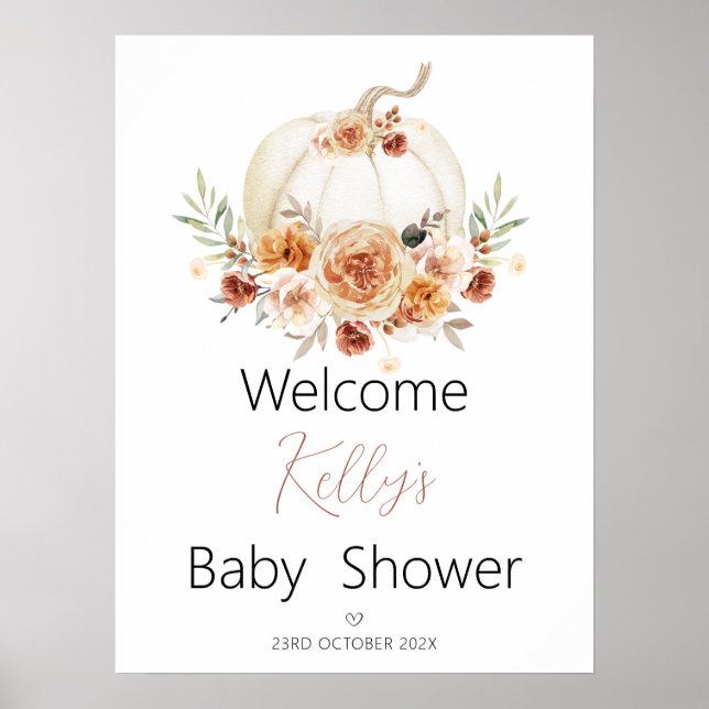 Fall Floral Pumpkin Baby Dusche Begrüßungszeichen Poster (Vorne)