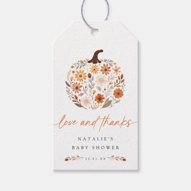 Fall Floral Pumpkin Baby Dusche Geschenkanhänger (Vorderseite)
