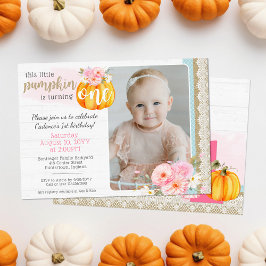 Fall Floral Pumpkin Baby Girl's 1. Geburtstag Foto Einladung