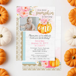 Fall Floral Pumpkin Baby Girl's 1. Geburtstag Foto Einladung