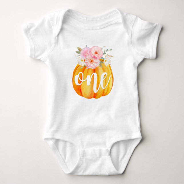 Fall Floral Pumpkin Baby Girl's 1st Birthday ONE Baby Strampler (Vorderseite)