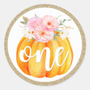 Fall Floral Pumpkin Baby Girl's 1st Birthday ONE Runder Aufkleber