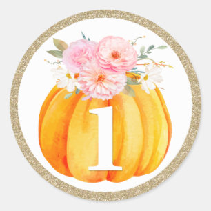 Fall Floral Pumpkin Baby Girl's 1st Birthday ONE Runder Aufkleber