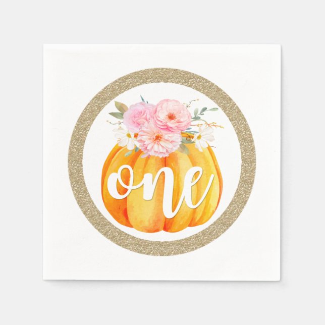 Fall Floral Pumpkin Baby Girl's 1st Birthday ONE Serviette (Vorderseite)