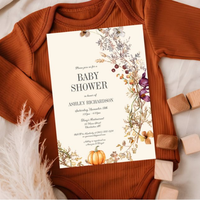Fall Floral Pumpkin Boho Kinderdusche Einladung (Fall Wildflower Baby Shower Invitation, Pumpkin Invite, Mustard Yellow, Ivory, Autumn)
