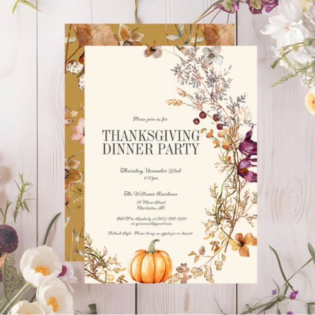 Fall Floral Pumpkin Erntedank Dinner Party Einladung (Fall Floral Pumpkin Thanksgiving Dinner Party Invitation, Wildflowers, Ivory, Purple, Yellow)
