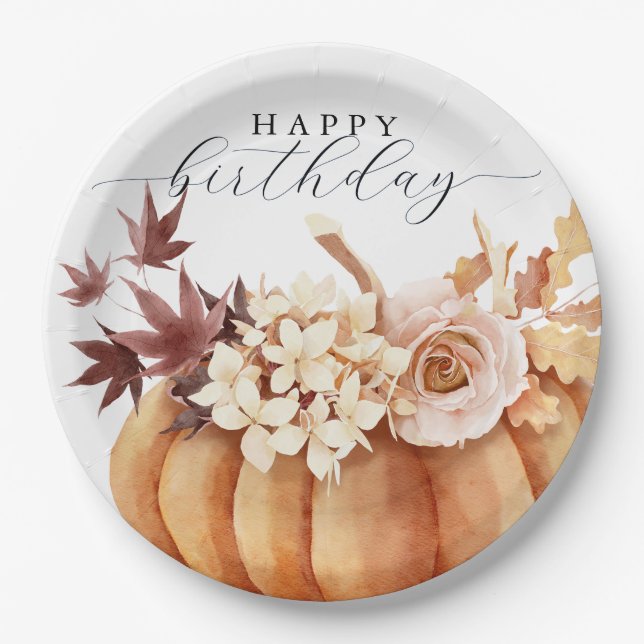 Fall Floral Pumpkin Frau Happy Birthday Pappteller (Vorderseite)
