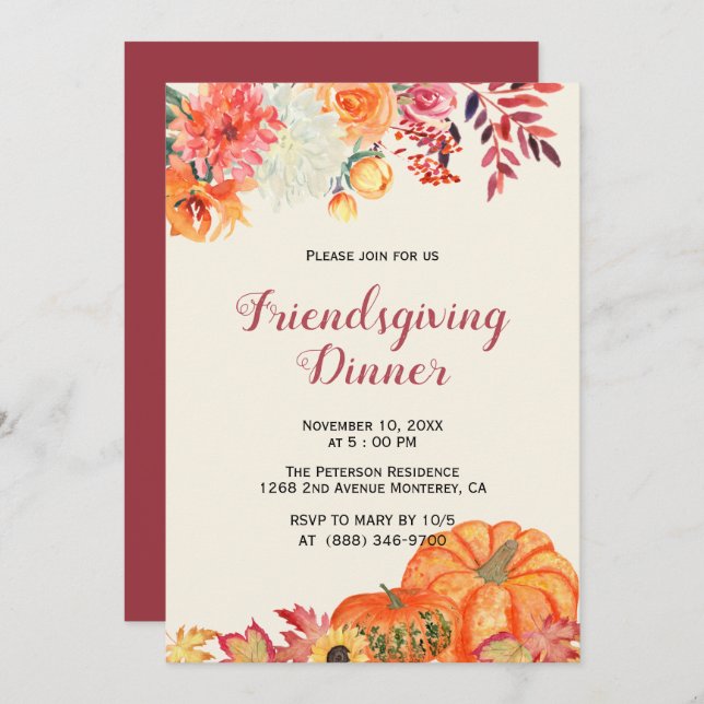 Fall Floral Pumpkin Friendsgiving Einladungen (Vorne/Hinten)