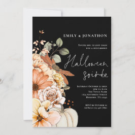 Fall Floral Pumpkin Script Halloween-Party Black Einladung