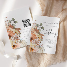 Fall Floral Pumpkin Script QR Code Wedding Einladu Einladung