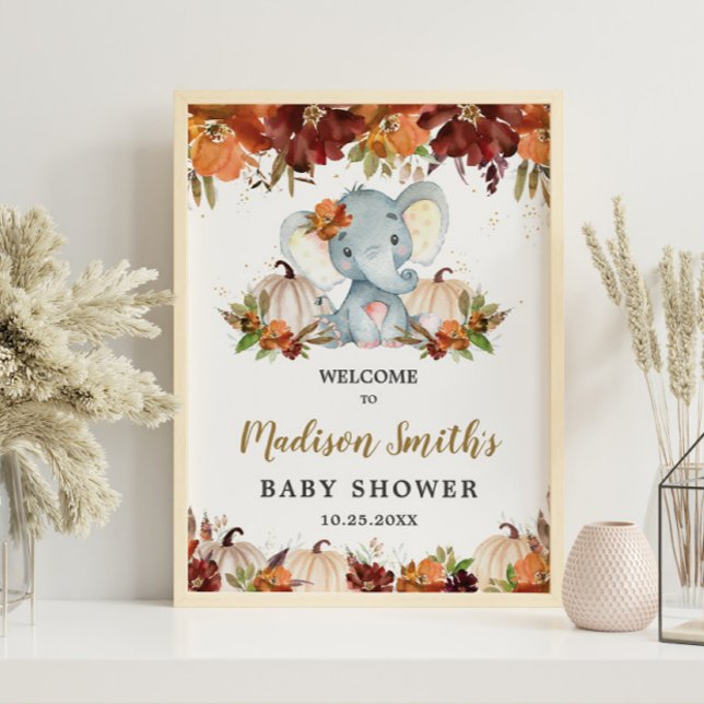 Fall Floral Pumpkins Niedlich Elephant Baby Dusche Poster (Von Creator hochgeladen)