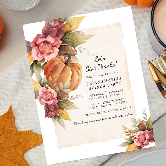 Fall Floral Ruskin Pumpkin Friendsgiving Einladung (Lets Give Thanks Thanksgiving Dinner Floral Pumpkin Invitation)