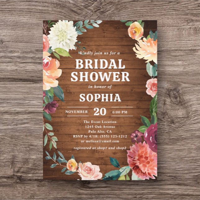 Fall Floral Rustic Wood Brautparty Einladung (Von Creator hochgeladen)