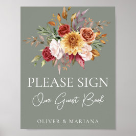Fall Floral Sage Green Wedding Guest Book Sign Poster