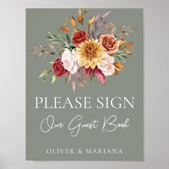 Fall Floral Sage Green Wedding Guest Book Sign Poster (Vorne)