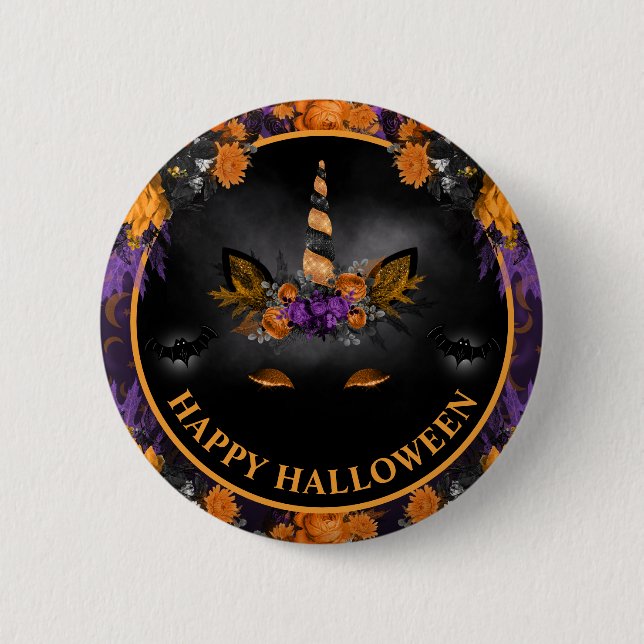 Fall Floral Unicorn Gesicht Happy Halloween Button (Vorderseite)