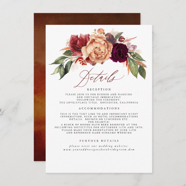 Fall Floral Wedding Information Enclosure Card Begleitkarte (Vorne/Hinten)