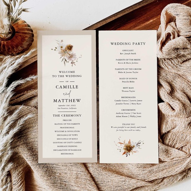 Fall Floral Wedding Program Programm (Elegant minimal wildflower wedding program)