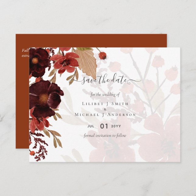 Fall Floral Wedding Suite Terracotta Burgundy Red Postkarte (Vorne/Hinten)
