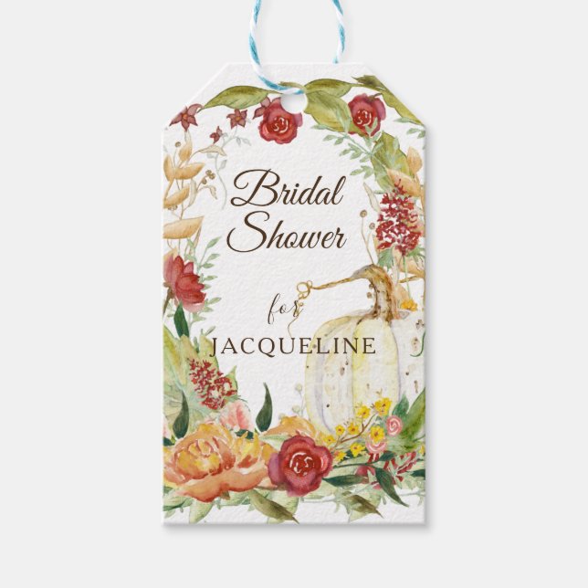 Fall Floral Wreath White Pumpkin Brautparty Geschenkanhänger (Vorderseite)