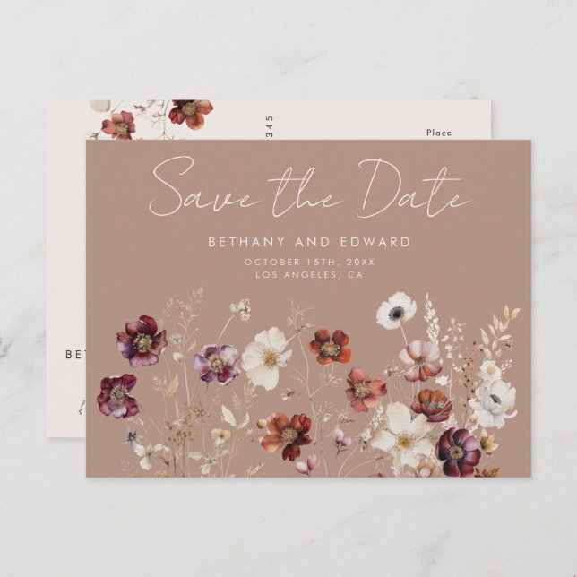 Fall florale Taupe Hochzeit Speichern Sie das Datu Postkarte (Vorne/Hinten)