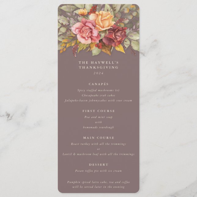 Fall Florals Erntedank Flat 4 Course Menükarte (Vorderseite)