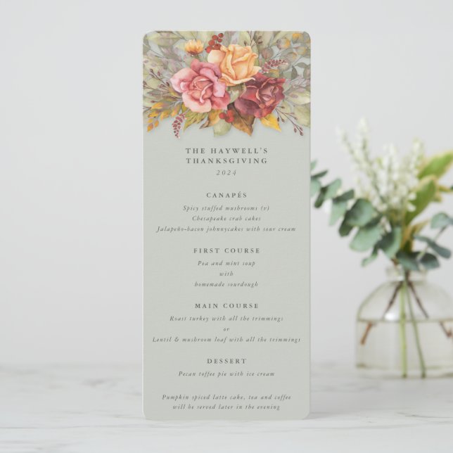 Fall Florals Erntedank Flat 4 Course Menükarte (Stehend Vorderseite)