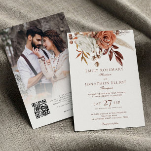 Fall Florals Foto QR Brown Text formale Hochzeit Einladung