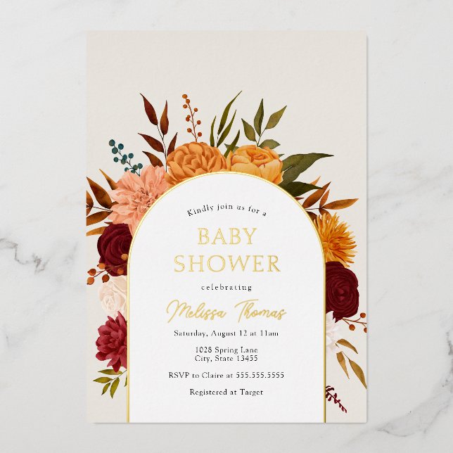 Fall Florals Mums Arch Babydusche Einladung (Vorderseite)