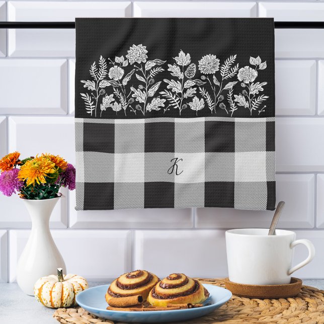 Fall Foliage Autumn Flowers & Foliage Black Plaid Geschirrtuch (Fall Foliage Autumn Flowers & Foliage Black Plaid Kitchen Towel
)