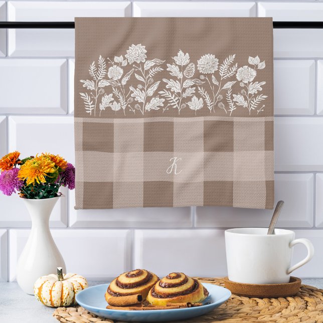 Fall Foliage Autumn Flowers & Foliage Taupe Plaid Geschirrtuch (Fall Foliage Autumn Flowers & Foliage Taupe Plaid Kitchen Towel)