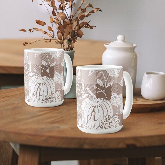 Fall Foliage Autumn Flowers & Pumpkins Taupe Plaid Kaffeetasse (Fall Foliage Autumn Flowers & Pumpkins Taupe Plaid Coffee Mug)