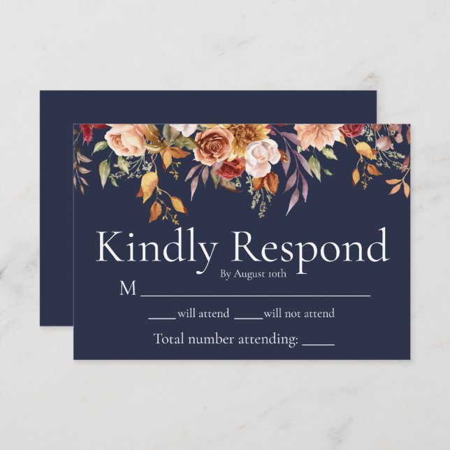 Fall Foliage Bloral Navy Blue Wedding RSVP Card Dankeskarte (Vorne/Hinten)